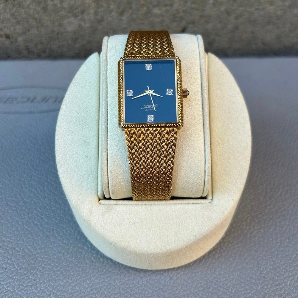 Vintage Xavier Quartz Masterpiece Gold Rectangular Watch Black Diamond WORKING